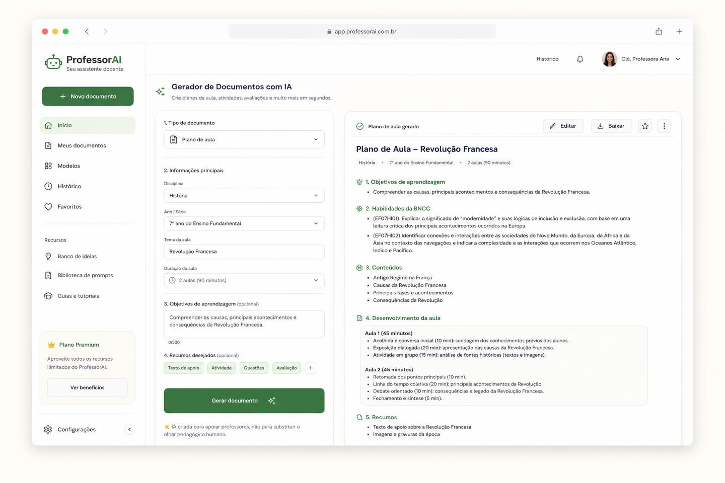 Tela do Docente IA com formulário de geração e um plano de aula pronto ao lado